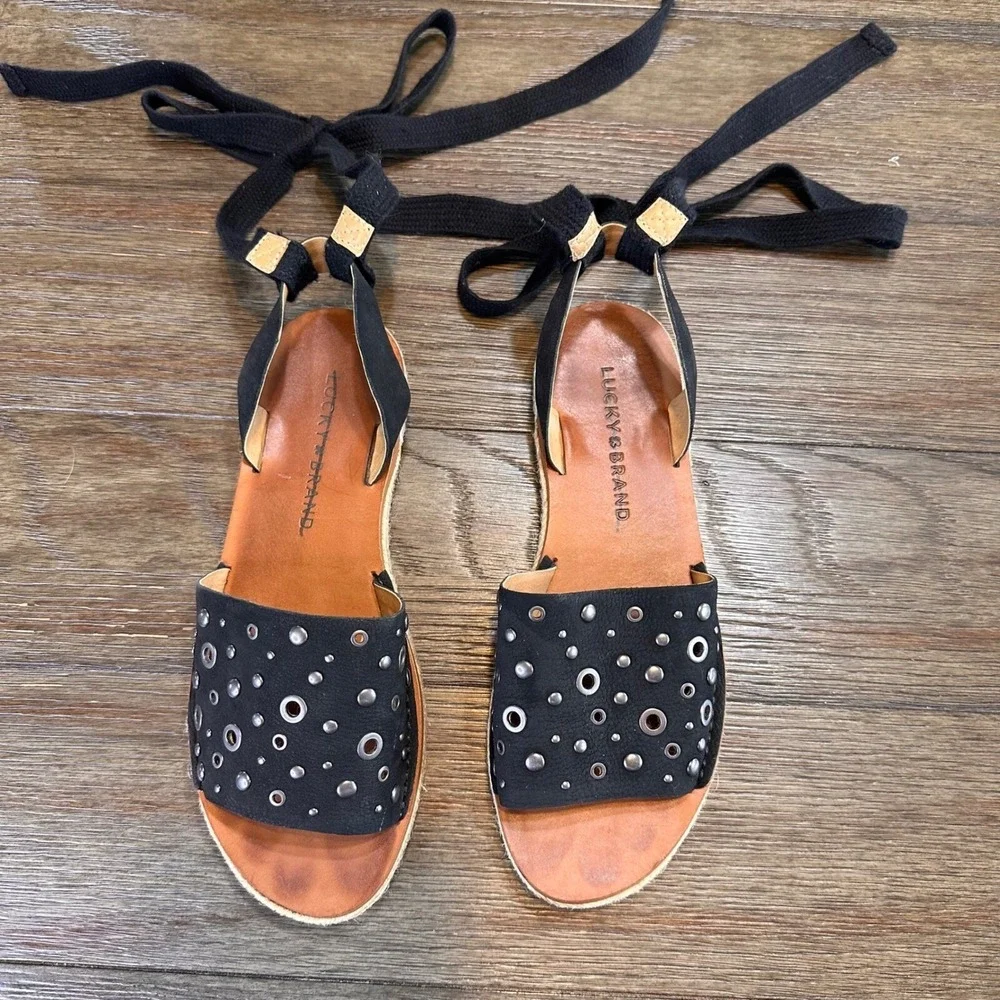 Lucky Brand Daytah 2 Black Leather Studded‎ Ankle Tie Espadrille Sandals 6M